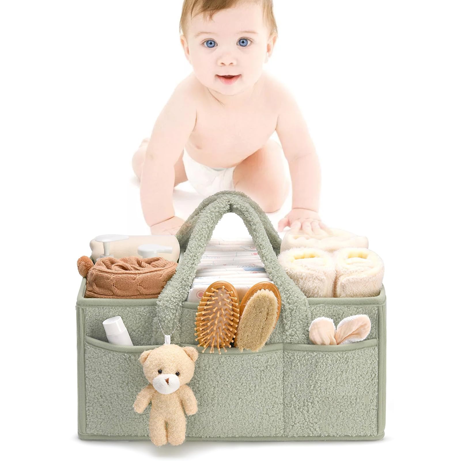 Comioke Panier Rangement Bébé, Rangement Table a Langer Bebe, Lange avec Compartiments et Poignées, Cadeau Naissance, Coffret Naissance,Organiseur de Couches pour Table