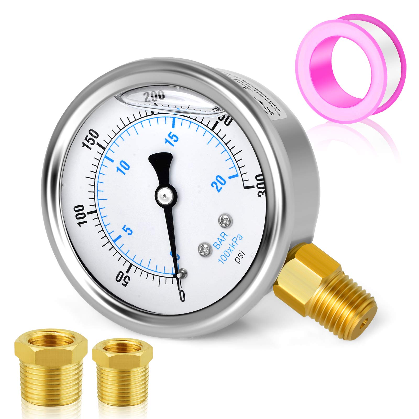 MEANLIN MEASURE 0~300Psi Stainless Steel 1/4" NPT 2.5" FACE DIAL Liquid Filled Pressure Gauge WOG Water Oil Air Lower Mount, with 1/2" NPT and 3/8"