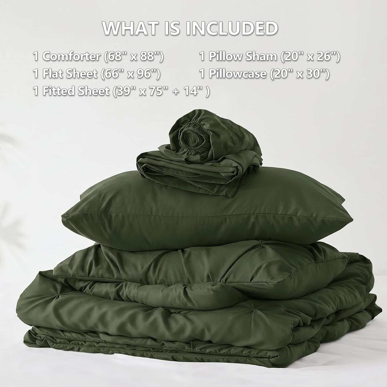 CozyLux Twin Comforter Set with Sheets Olive Green, 5 Pieces Pintuck Bed in A Bag, All Season Bed Set Gift for Girls and Boys, Pinch Pleat Bedding Set with Comforter, Sheets, Pillowcase & Sham thumbnail