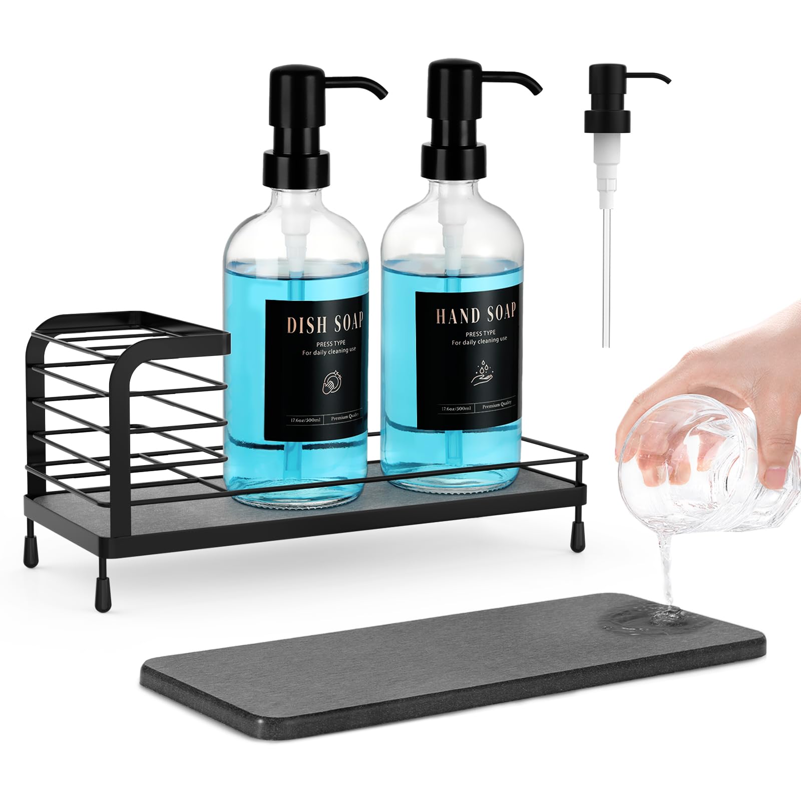 Luxspire Kitchen Soap Dispenser Set - 17oz Dual Glass Bottle, Hand Soap and Dish Soap Dispenser Set with Diatomaceous Earth Tray, Kitchen Sink Organizer for Kitchen Sink or Bathroom Countertop, Black