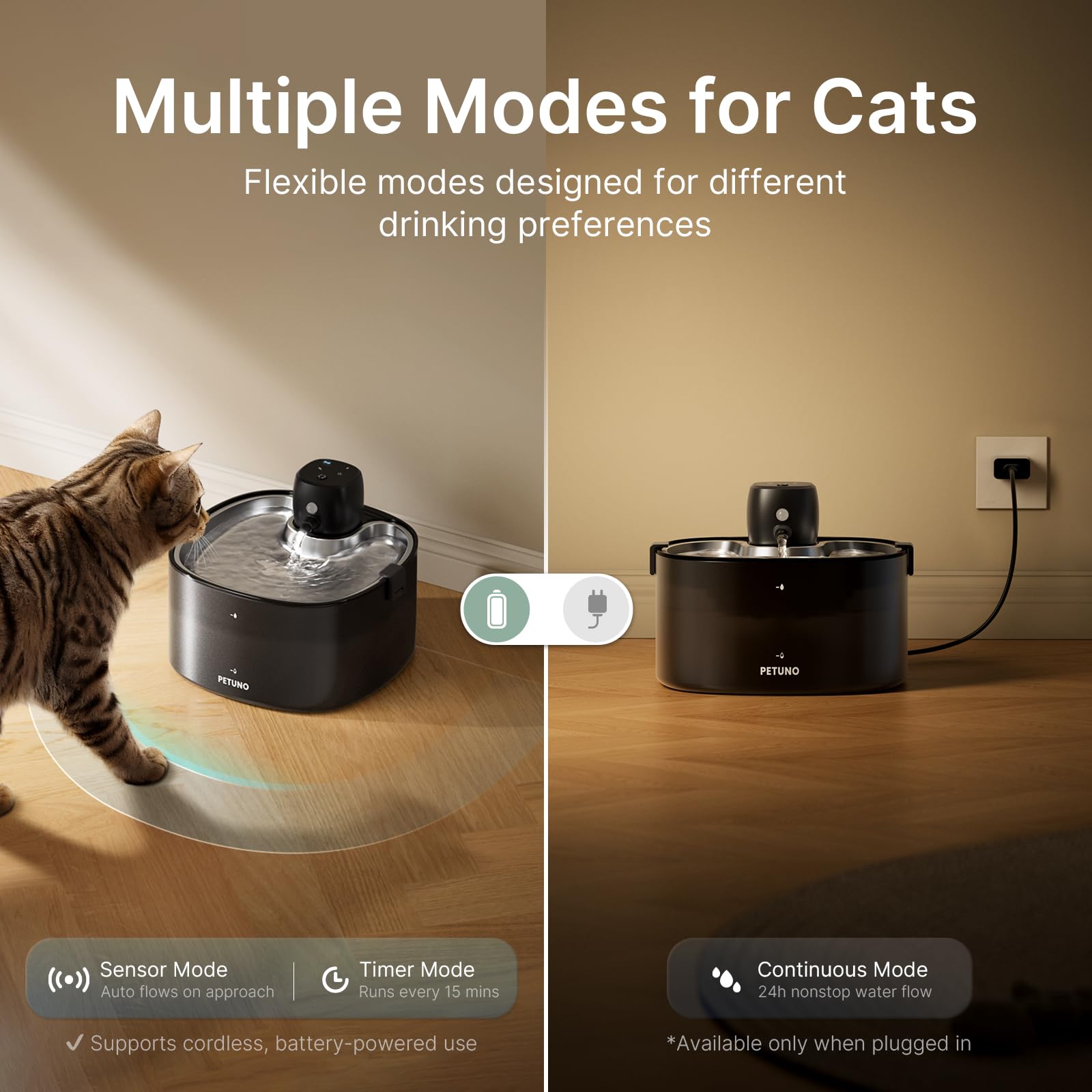 Fuente de agua inalámbrica para gatos, fuente para gatos, funciona con pilas, 4000 mAh, 2,3 L, fuente de agua para mascotas inalámbrica con sensor de movimiento y bandeja de acero inoxidable, bomba