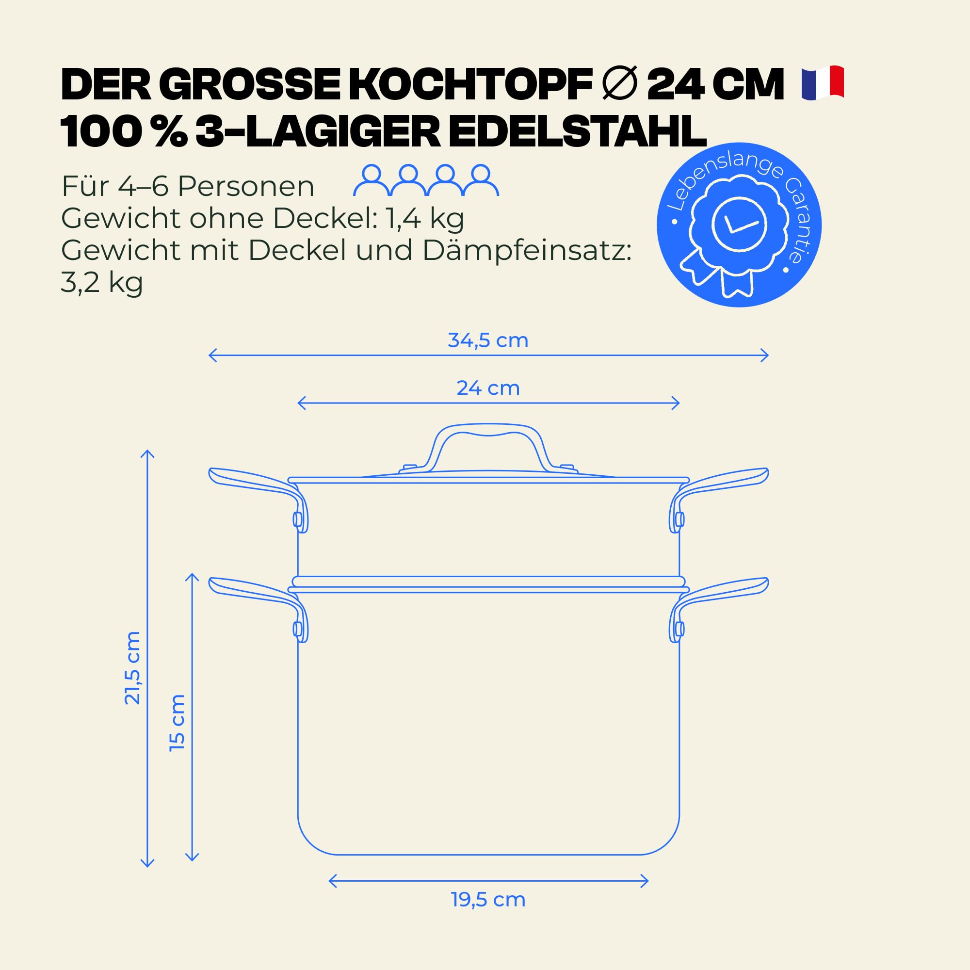 Garnek do gotowania 24 cm 6 l z wkładką do gotowania na parze – 3-warstwowy Inox 18/10- zdrowa kuchnia bez powłoki nieprzywierającej – bez PFAS/PTFE/PFOA – nadaje się do mycia w zmywarce i do kuchenek