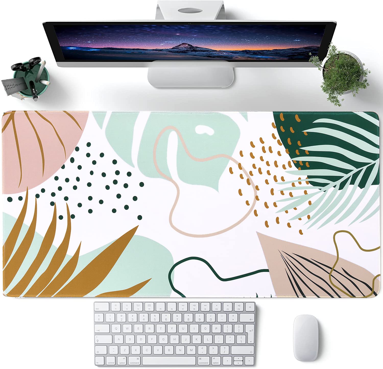 Anyshock Desk Matt, Gaming Mouse Pad Large, XXL Desk Pad Mat with Stitched Edges, Non-Slip Base Mousepad, Keyboard Mat for Office Computer Desktop Laptop School Writing, Boho Tropical Green Leaves — image 1