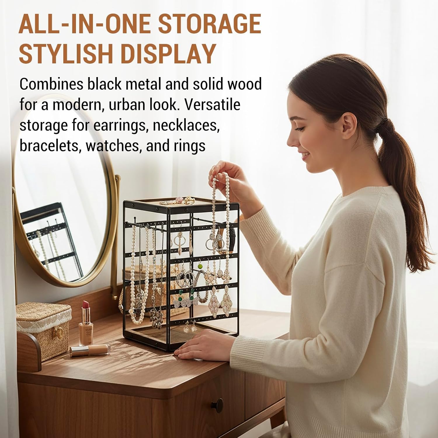 MyGift 360 Rotating Black Metal and Solid Wood Jewelry Organizer Stand – Urban Modern All-in-One Display Holder for Earrings, Necklaces, Bracelets, Rings & Watches