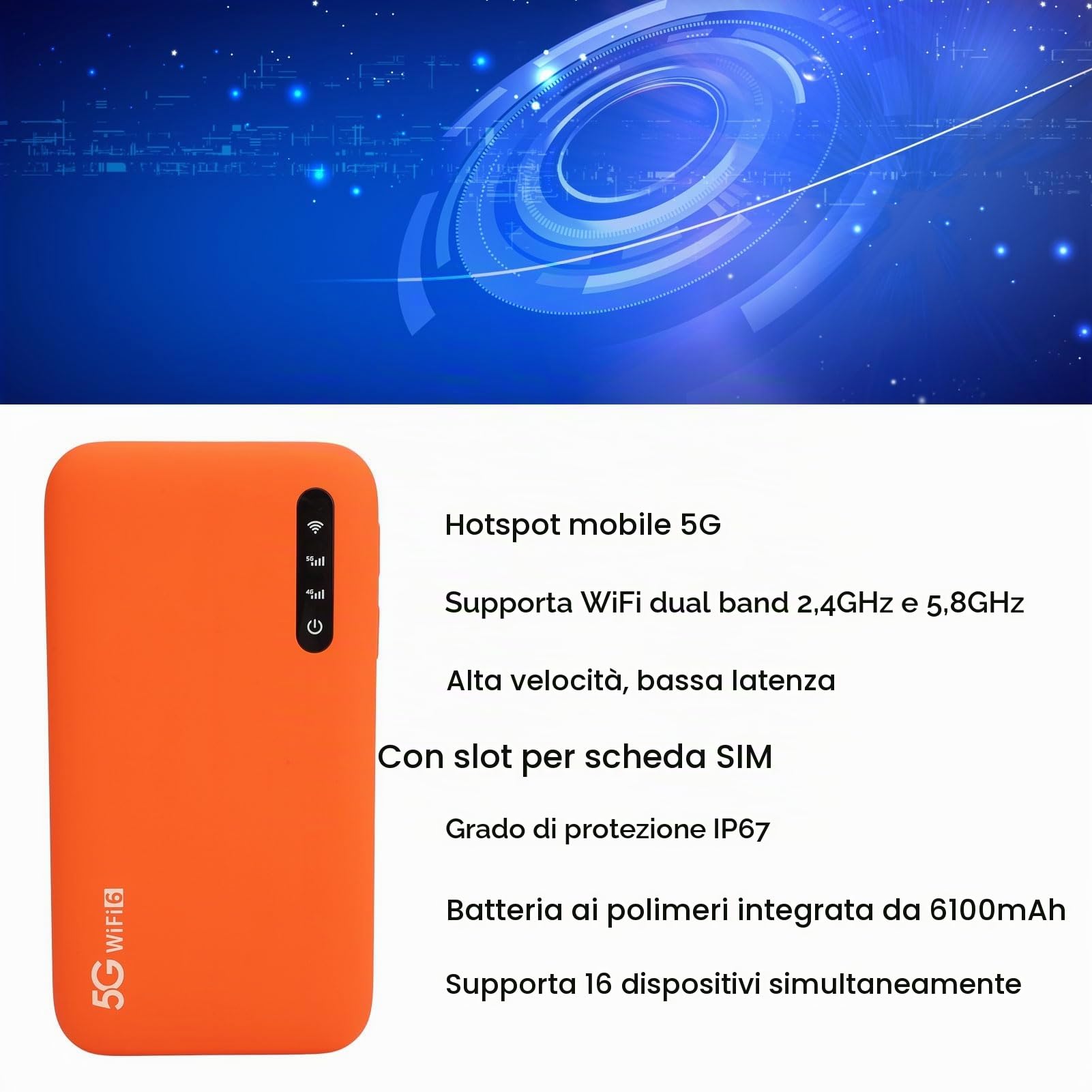 Hotspot WiFi Portatile 5G, WiFi 6 da 2,4 GHz 5,8 GHz, Hotspot Mobile con Slot per Scheda SIM, Condivisione di 16 Dispositivi, 6100 MAh, Dispositivo WiFi da Viaggio