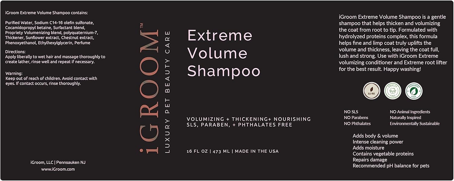 iGroom Extreme Volume Dog Shampoo, Luxury Pet Beauty Care, Adds Body and Volume, Repairs Damage, Made in USA, 16 oz