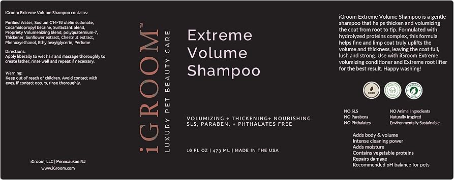 iGroom Extreme Volume Dog Shampoo, Luxury Pet Beauty Care, Adds Body and Volume, Repairs Damage, Made in USA, 16 oz