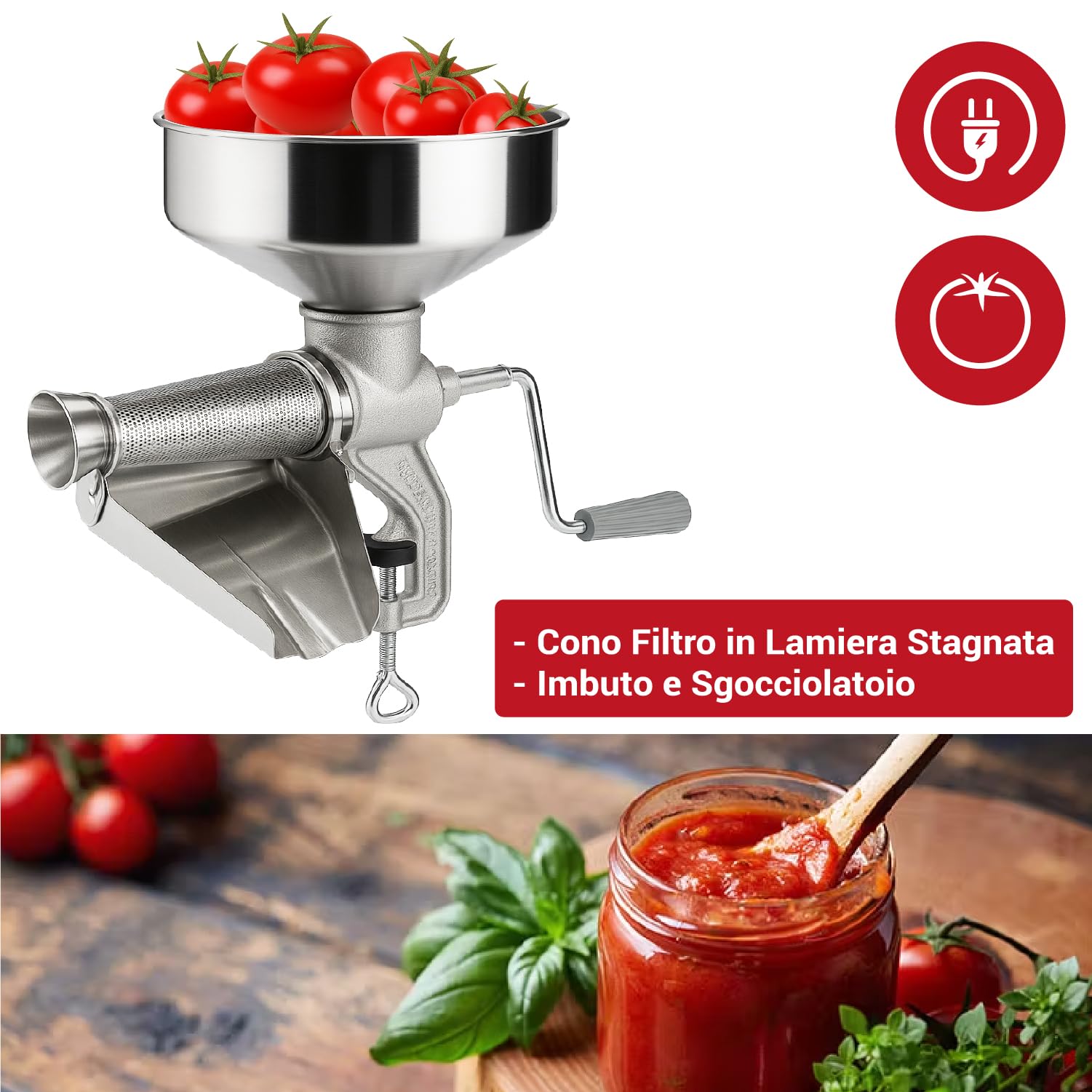 Crisalide® - Passapomodoro a Mano in Ghisa per Uso Alimentare, Elica in Plastica per Prodotti Caldi, Cono Filtro in Lamiera Stagnata, Imbuto e Sgocciolatoio in Acciaio Inox, Morsetto a Vite, 2,5 kg