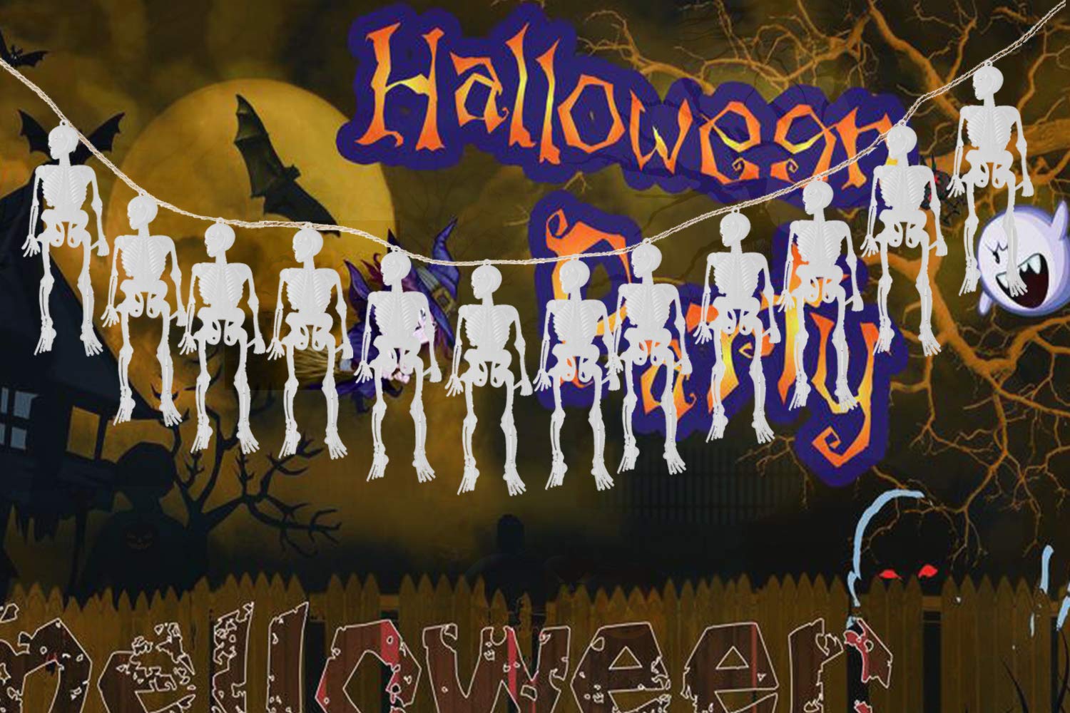 Wemaker Halloween Glow in Dark Human Skeletons Dangling Articulate Halloween Hanging Skeletons Luminous Haunted House Decoration Props White