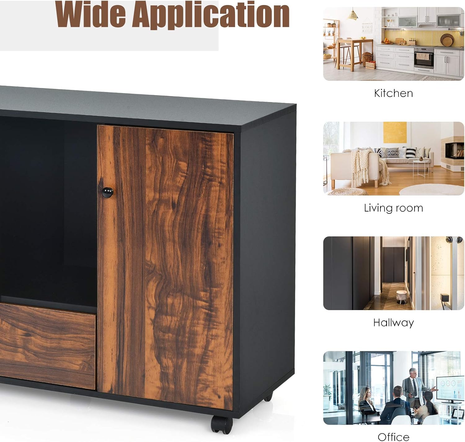 Giantex Mobile Filing Cabinet 2 Drawers, Large Storage Cabinet, Printer Stand on Wheels, Wood Lateral Industrial File Organizer with Open Shelves for Home and Office Use(Black+Brown, 4 Wheels)