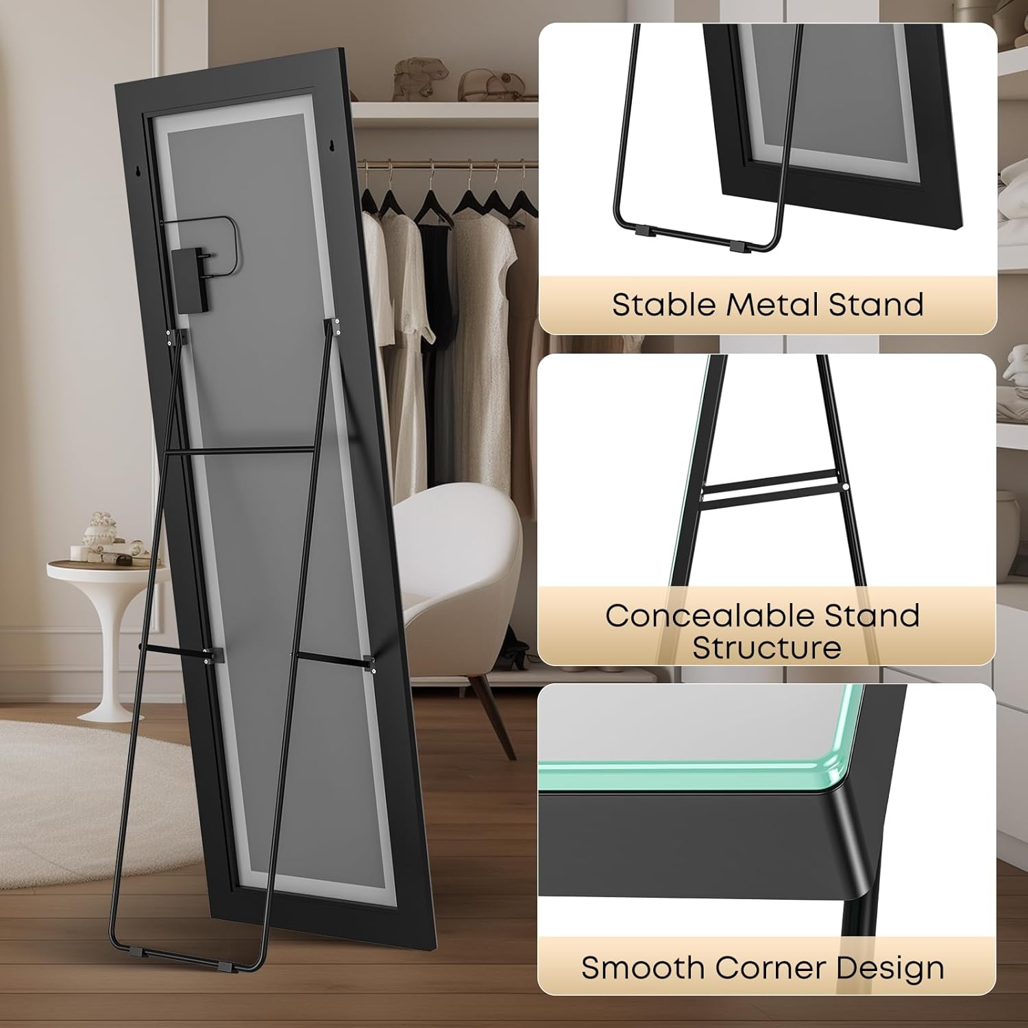 64" x 21" Full Length LED Floor Mirror - Big Wall/Standing Mirror with Lights, Dimmable Touch Screen & Adjustable Color (White/Warm Light), Full Body Mirror for Bedroom, Dressing Room, Vanity, Makeup