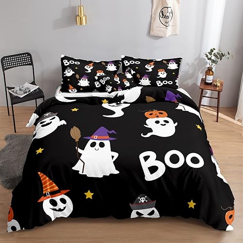 Miniatura 10 de Ropa de cama rosa de Halloween, tamaño Queen, 3 piezas, juego de funda de edredón de fantasmas de dibujos animados, Halloween, lindo diseño de