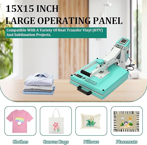 Miniatura 8 de Prensa de calor de 15 x 15 pulgadas, máquina de prensa profesional digital, calentamiento rápido, calidad industrial con presión ajustable, máquina