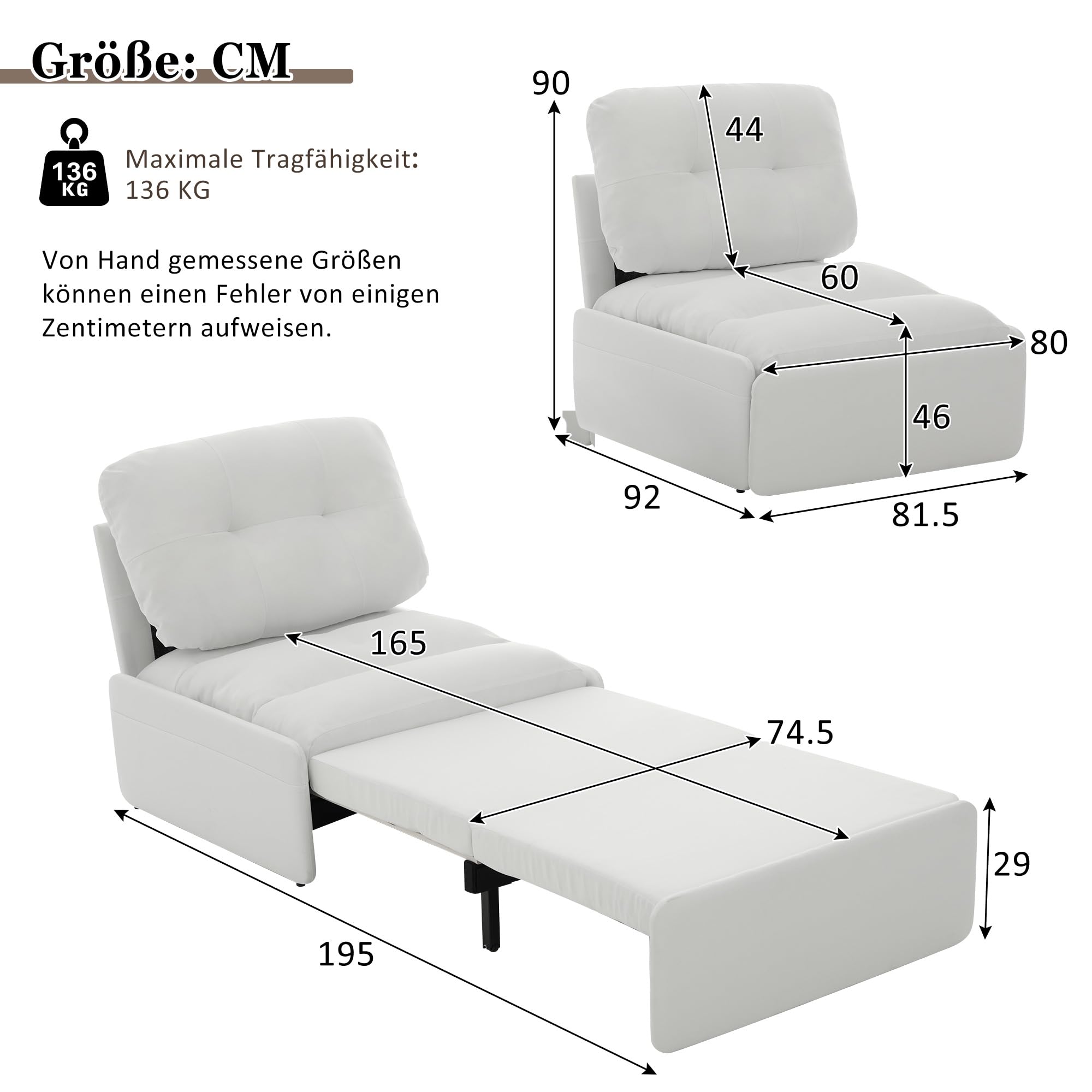 Fotel 1-osobowy z funkcją spania bez podłokietników Rozkładana sofa z funkcją łóżka, sofa z funkcją spania, pościel z lnu, ładowność 136 kg, łóżko dla gości, fotel jednoosobowy do salonu