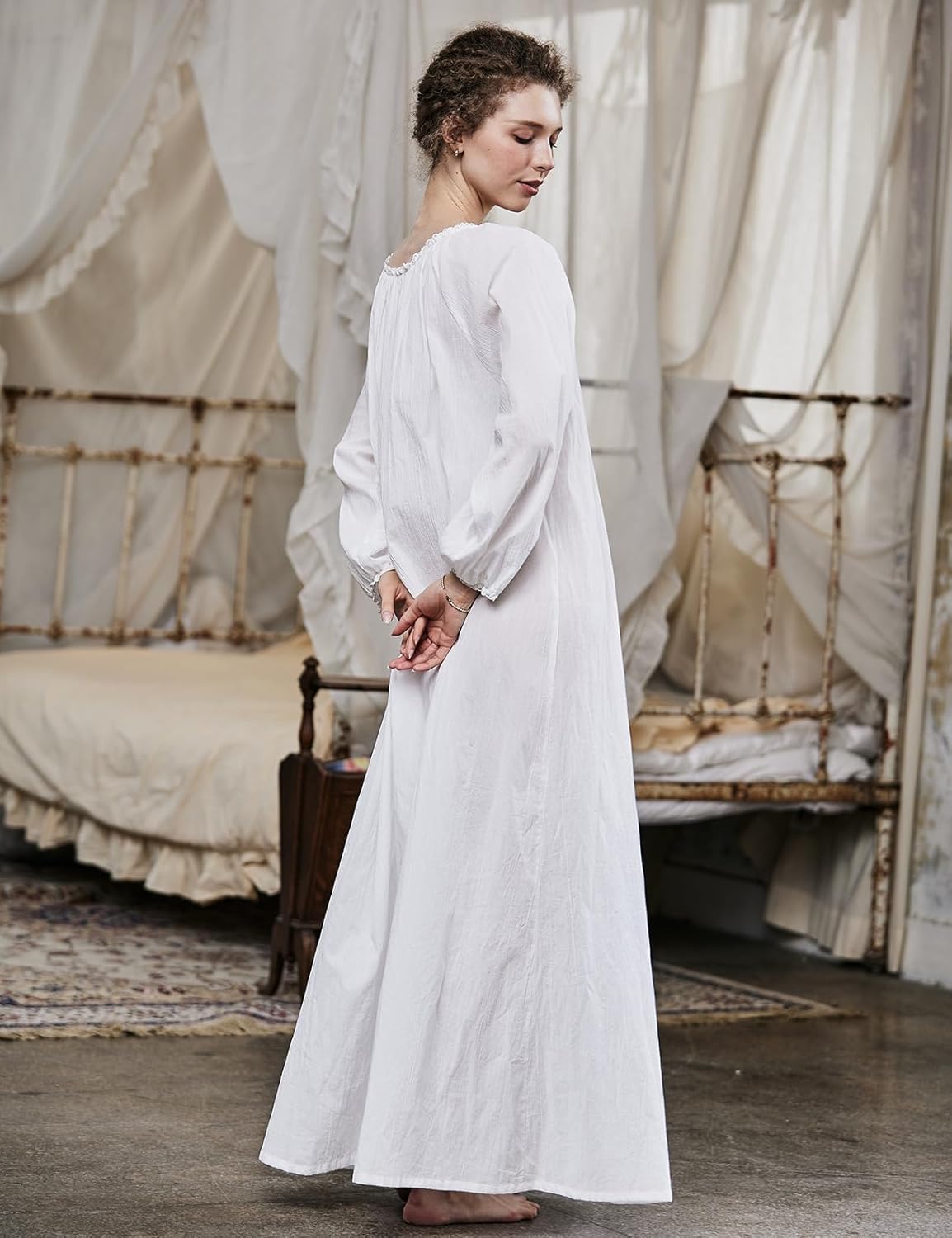 Victorian Crepe Cotton Nightgown for Women Long Sleeve Ankle-Length Sleep Dress with Lace Trim(White,S) - Image 3