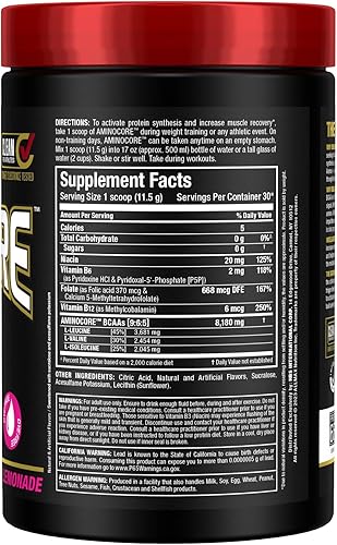 Miniatura 3 de ALLMAX Nutrition AMINOCORE BCAA en polvo, 0.29 oz de aminoácidos, bebida de recuperación intra y después del entrenamiento, sin gluten, limonada