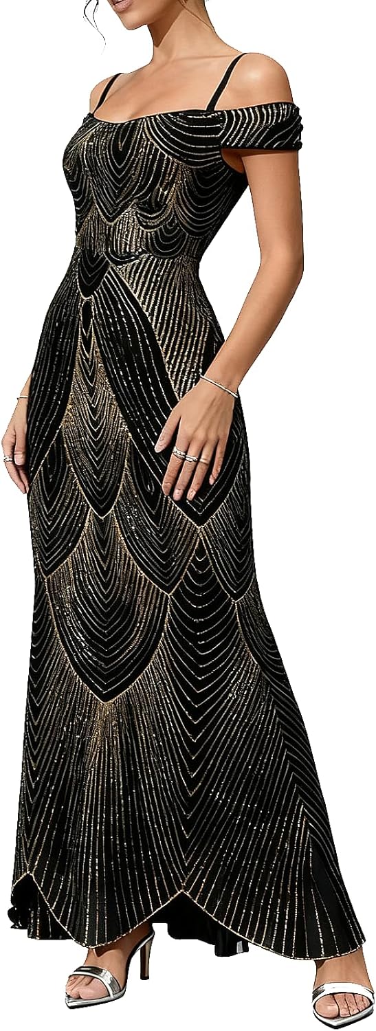 VJJ AIDEAR Women’s Off Shoulder Sequin Prom Dress Spaghetti Straps Evening Gown with Sparkly Glitter - Image 5