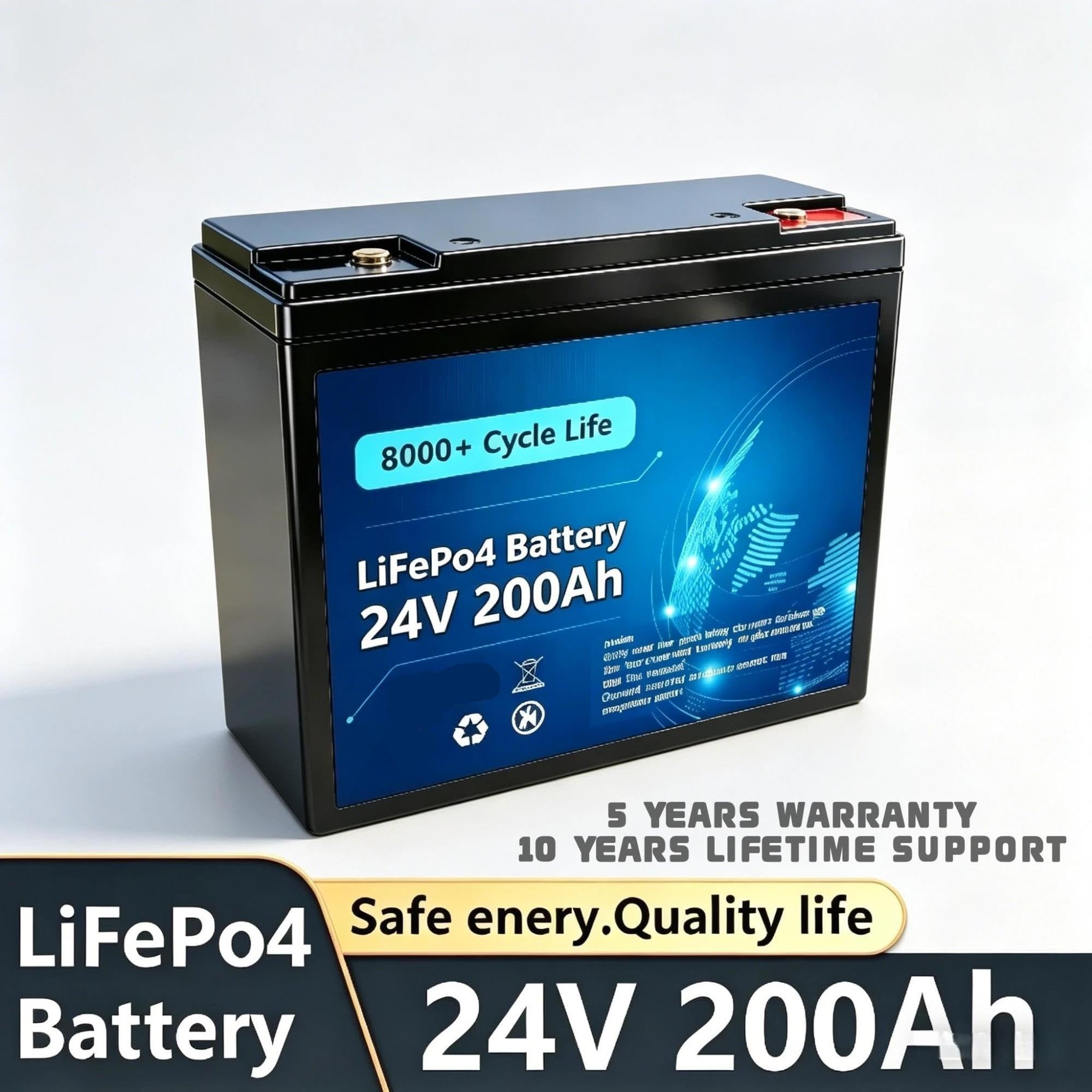 Batería LiFePO4 de 24 V y 200 Ah, Grado 8000+, ciclos Profundos