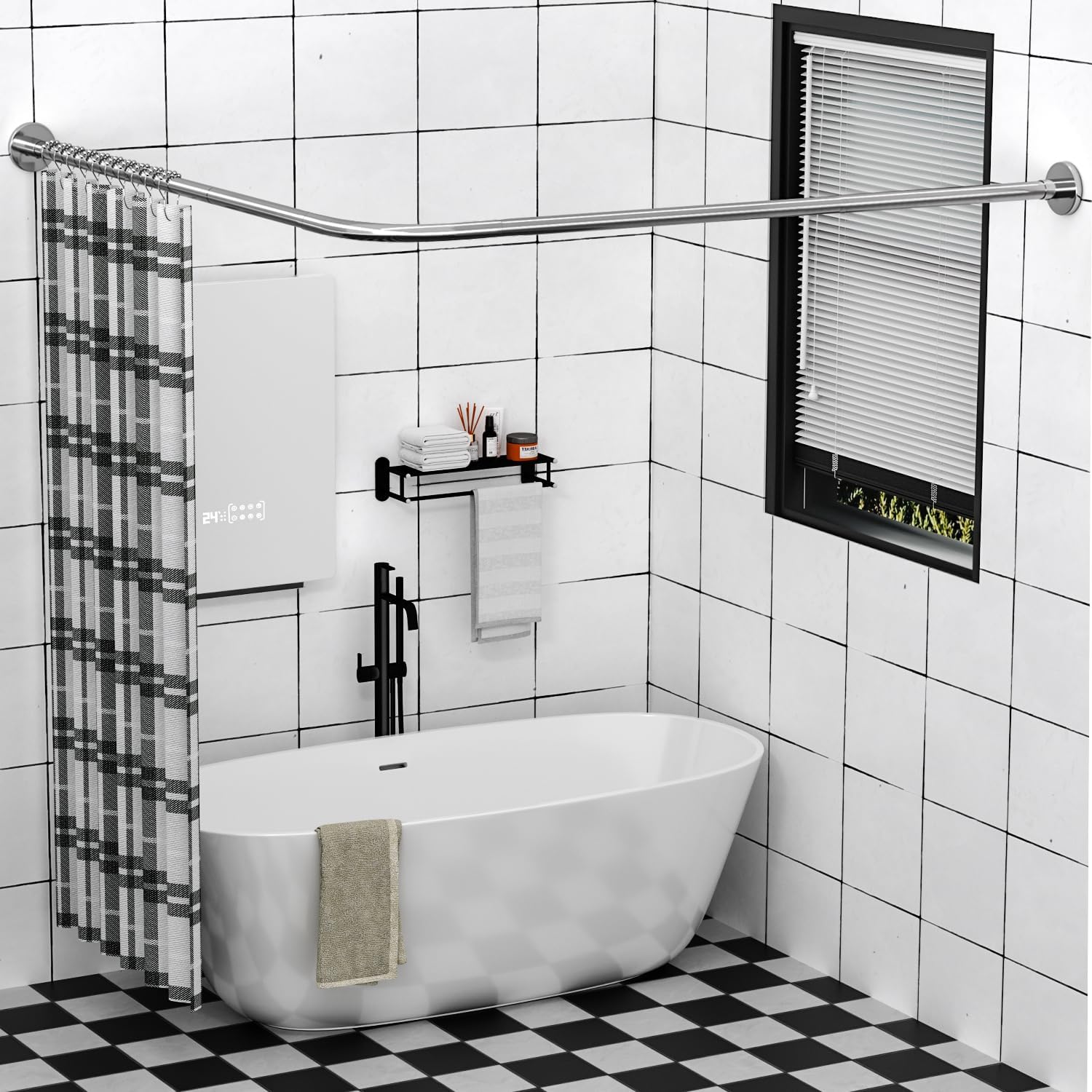 Stretchable 304 Stainless L Shaped Bathroom Bathtub Corner Shower Curtain Rod Rack (24"-69"x71"-85", Maximum size 114''), Drill Free Install, for Bathroom, Clothing Store, Private space
