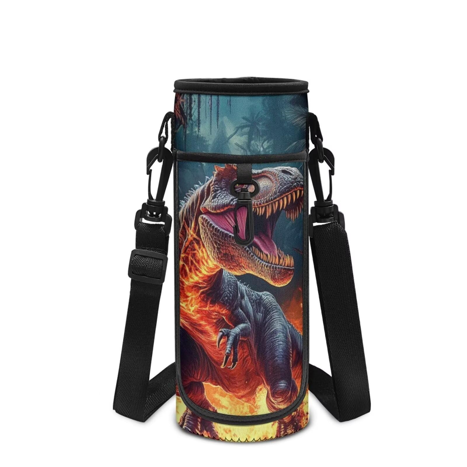 Showudesigns Flame Dinosaur Water Bottle Carrier Bag Boys Kids Water Bottle Sleeve 500ml 750ml Bottles Holder Pouch with Strap for Walking Running Sling Neoprene Sleeves
