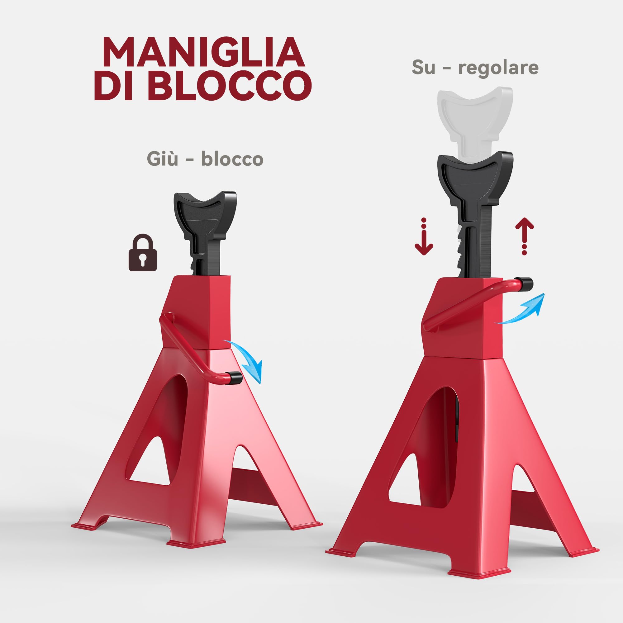 HOMCOM Set di 2 Cavalletti per Auto 6 T Totale, Coppia di Cavalletti di Sostegno con Altezza di Sollevamento Regolabile da 38.5-60 cm, in Acciaio al Carbonio e Ghisa, Rosso e Nero