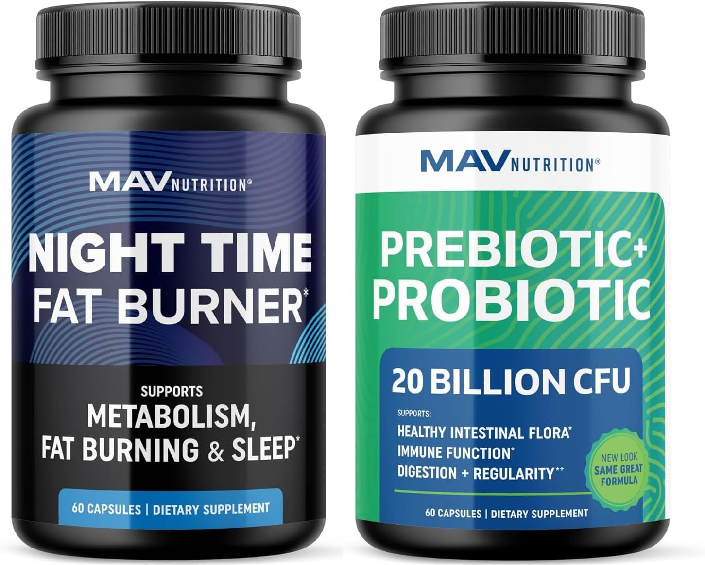 MAV NUTRITION Night Time Fat Burner Capsules and Probiotic & Prebiotic Capsules | Overnight Metabolism Booster for Stomach Fat Burning Gut Health Support | Comprehensive Digestive Wellness