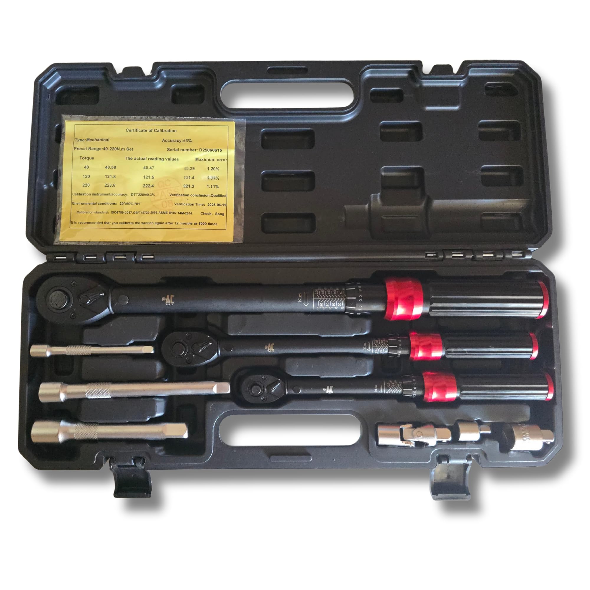 Juego llaves dinamométricas 9 piezas 1/4” 2-24Nm 3/8” 10-60Nm 1/2” 40-220Nm CR-V trinquete 72 dientes adaptadores, barras de extensión y rótula