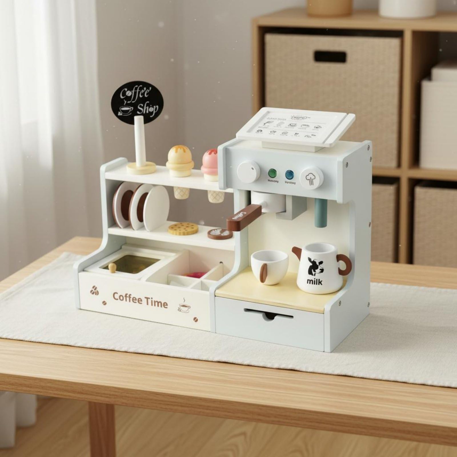 Harilla Set Caffetteria Giocattolo in Legno Macchina Caffè Accessori Servizio Carta Ordini Monete Finte Vernice a Base d'Acqua Adatto a Bambini Casa Scuola Apprendimento Creativo