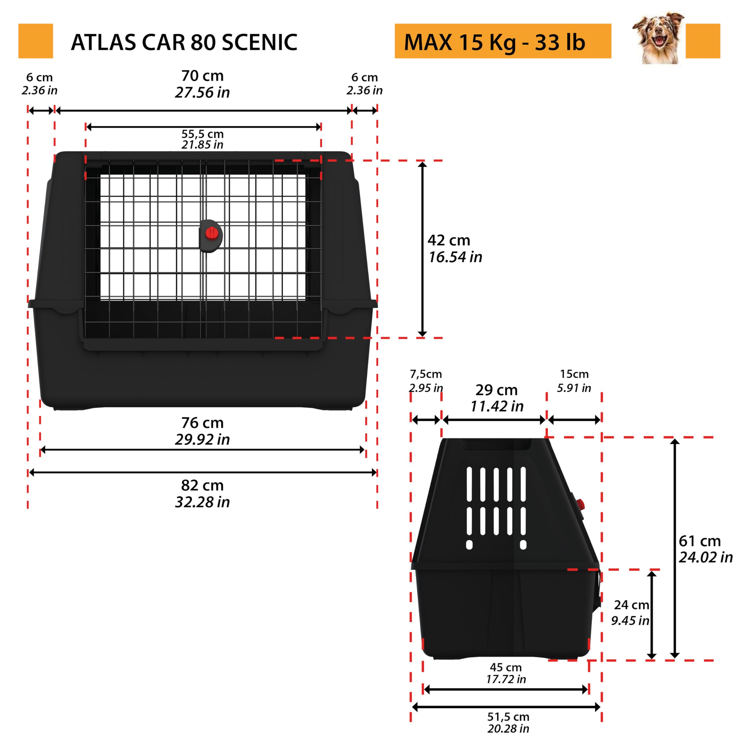 Ferplast ATLAS CAR 80 SCENIC Trasportino per Cani da Auto con Doppia Finestra, Tappeto Drenante, Portaoggetti, Maniglie, Doppia Apertura Scorrevole con Chiusura Sicura, Max 20 kg, 82 x 51 x h 61 cm