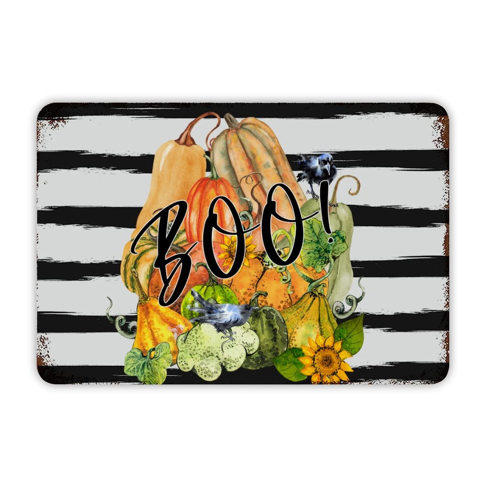 ENEDNATE Happy Halloween Crow Pumpkins Boo Stripe Aluminum Tin Metal Sign for Indoor Outdoor Business Retail Store Patio Yard Home Decoration Easy to Mount Wall Art Print Poster 8x12 Inch