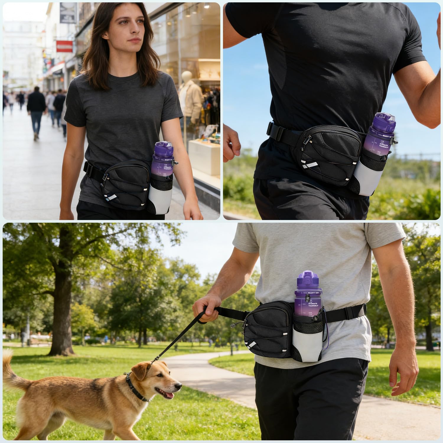 Gürteltasche mit Flaschenhalter Bauchtasche Trinkgürtel Gurt Verstellt Hüfttasche für Running Wandern Reise Camping Hundetraining für Damen und Herren