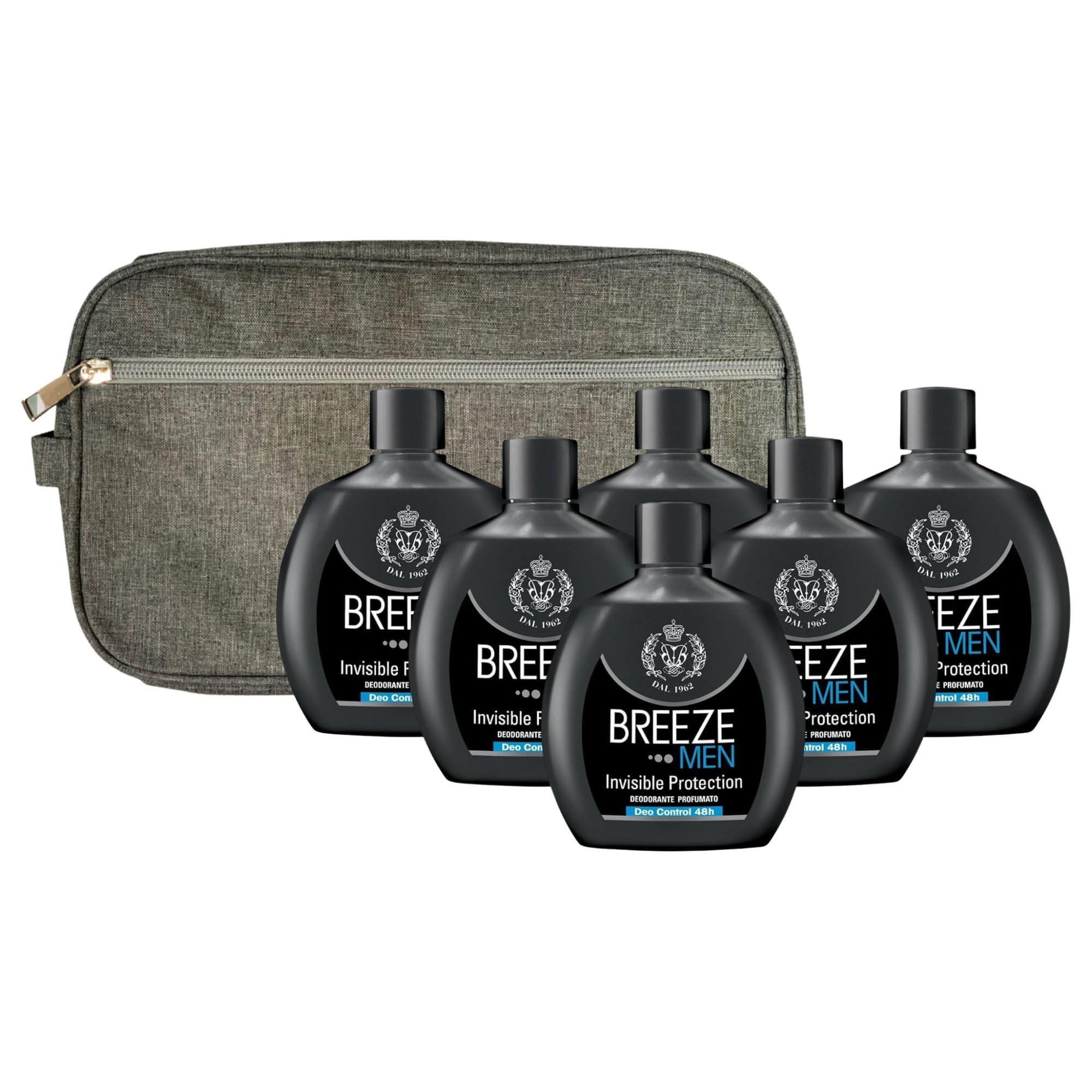Deodorante Profumato Men, INVISIBLE PROTECTION, No Gas, Formulato Senza Sali Di Alluminio 100ml (6 Unità) + Pochette Da Uomo (Colori Assortiti)