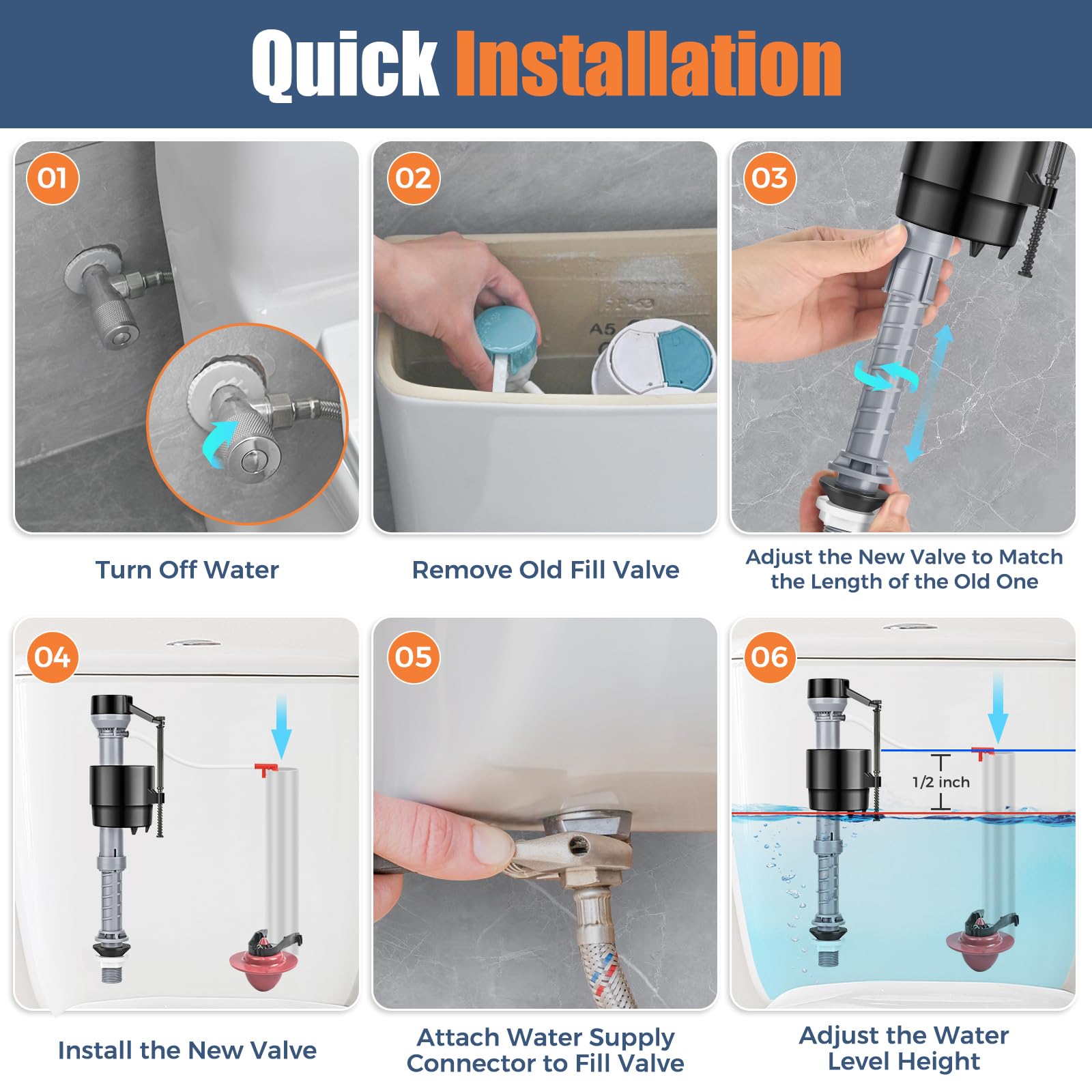 Kit de repuesto universal de válvula de llenado de inodoro, kit de reparación de inodoro interior del tanque, altura ajustable y ahorro de agua, silencioso y antisifón, fácil de instalar