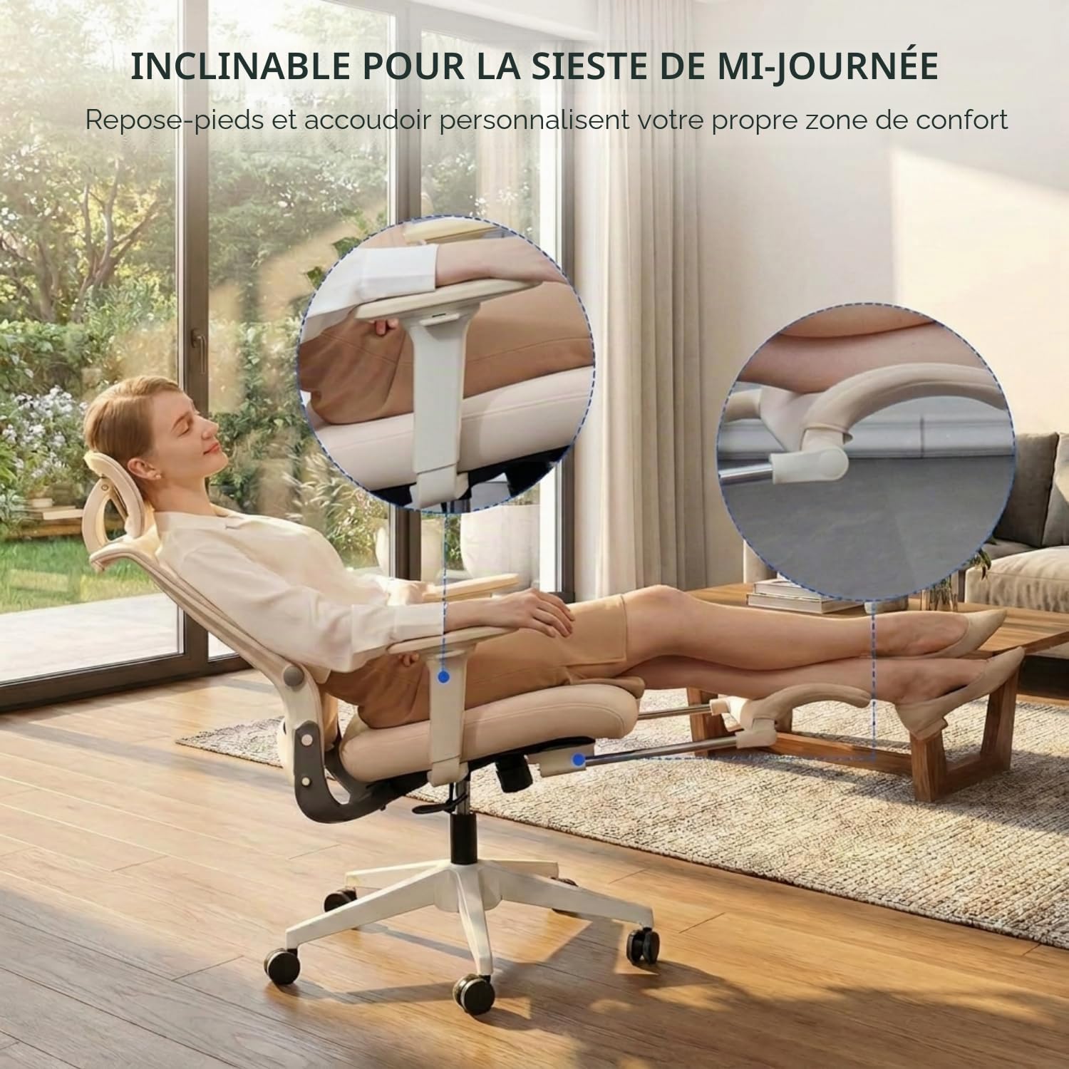 FLEXISPOT Foldex Chaise Bureau Pliante, Chaise Ergonomique avec Support Lombaire, Accoudoirs Réglables en Hauteur, Appui-Tête 2D, Chaises de Bureau avec Repose-Pieds, Beige