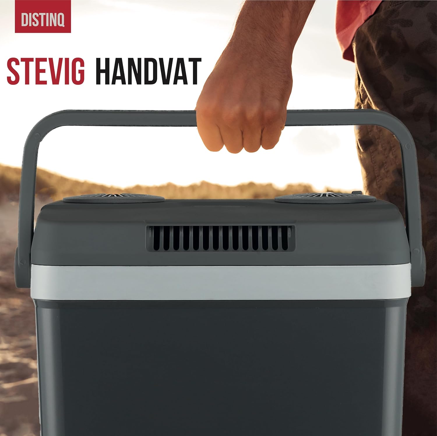 A hand holding the sturdy handle of the DistinQ Electric Cooler, demonstrating its ease of transport.