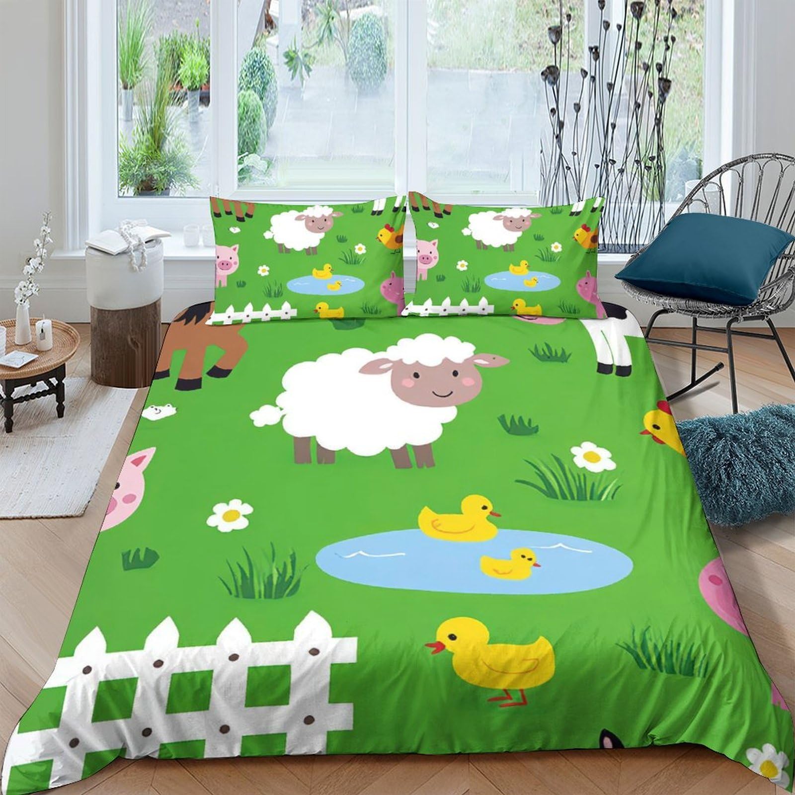 Ctjqhvkz Style-5 3D Printed Cartoon Sheep Fitted Sheet Microfiber Soft Green Duck Pond Mattress Cover Bedroom Dorm Protector Decor Single（135X200cm）