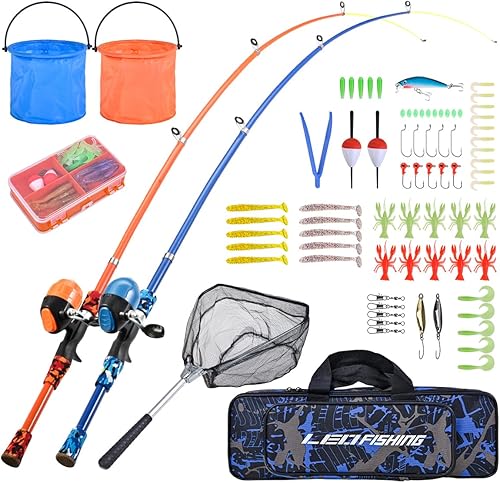 LEOFISHING Juego de 2 Cañas de Pescar Portátiles para Niños Paquete de 2 Cañas de Pescar Telescópicas para Niños y Niñas Combos de Caña de Pescar y