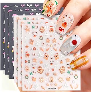 6 Sheets Christmas Nail Stickers - 3D Holiday Nail Art Decals with Santa...