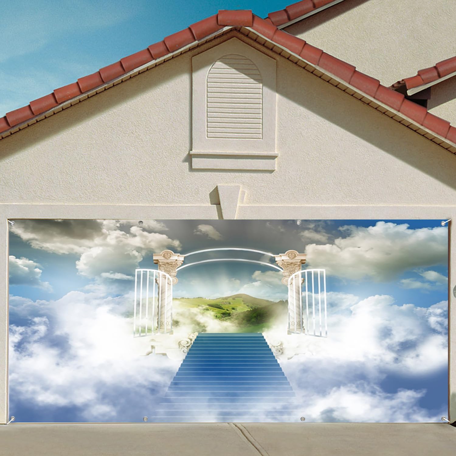 7x8ft Stairway to Heaven Garage Door Decor Sky Clouds Stairs Paradise Gate Holy Light Photography Background Baby Shower Baptism Religion Church Christian Easter Banner