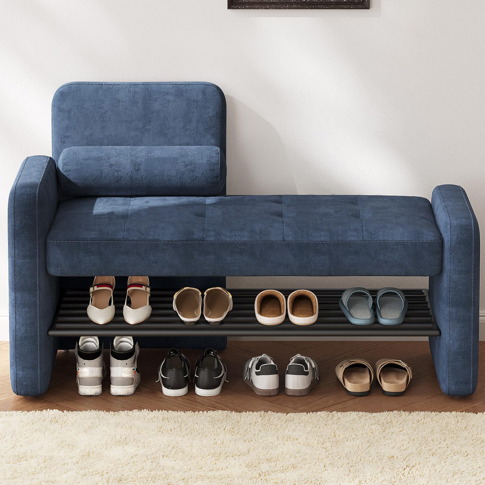 Guyii Blue Shoe Storage Bench with Backrest, Modern Entryway Bench with Open Shoe Rack, 57.8CM H Ottoman, Holds 6-8 Pairs of Shoes, Perfect for Entryway, Hallway, Living Room, Bedroom