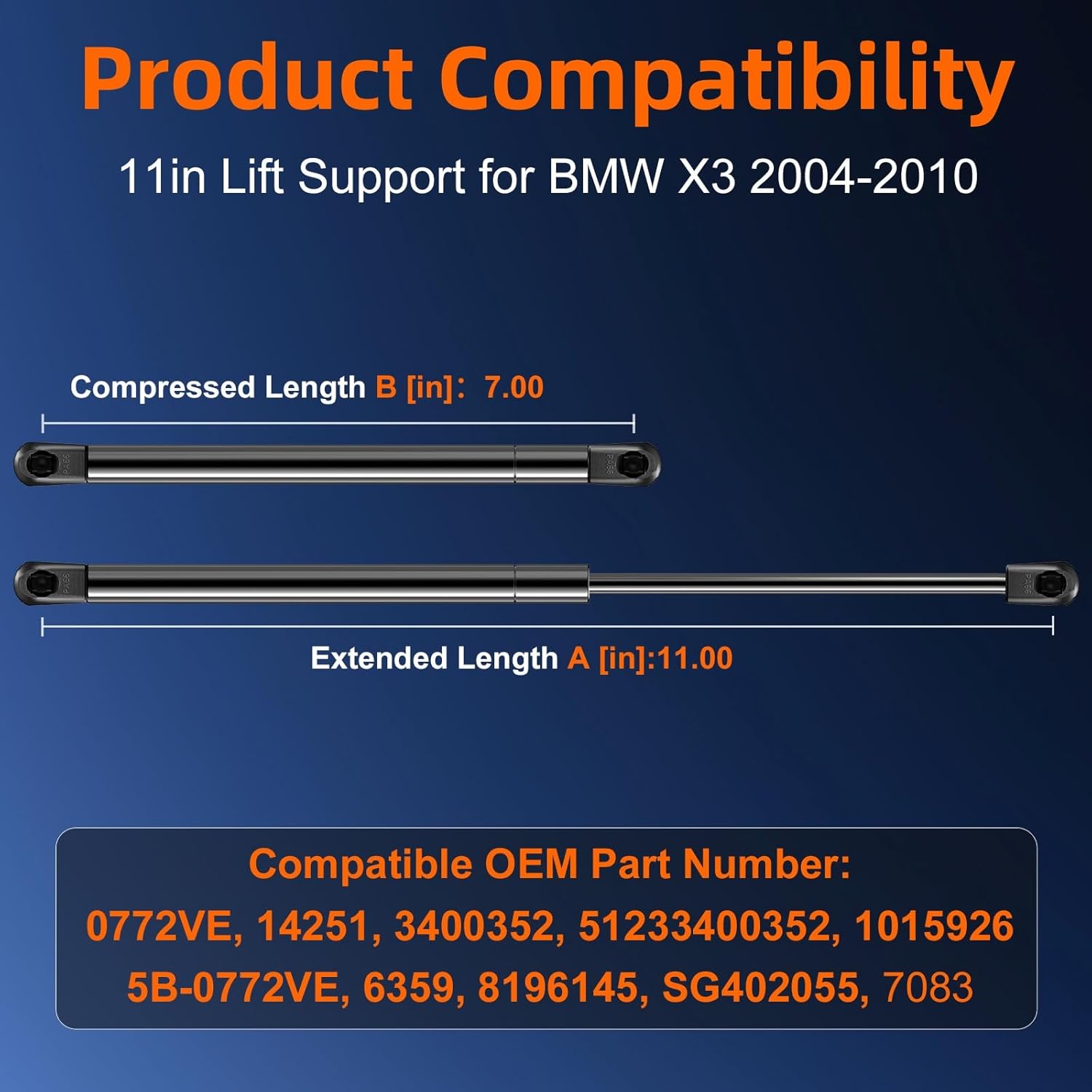 Qty (2) 51233400352 6359 11in 155lb/689N Hood Parts Strut Lift Support for BMW X3 2004-2010, Universal Heavy Duty Gas Shock Spring for Delta Truck Toolboxes Parts Replace 10159-26, 7083