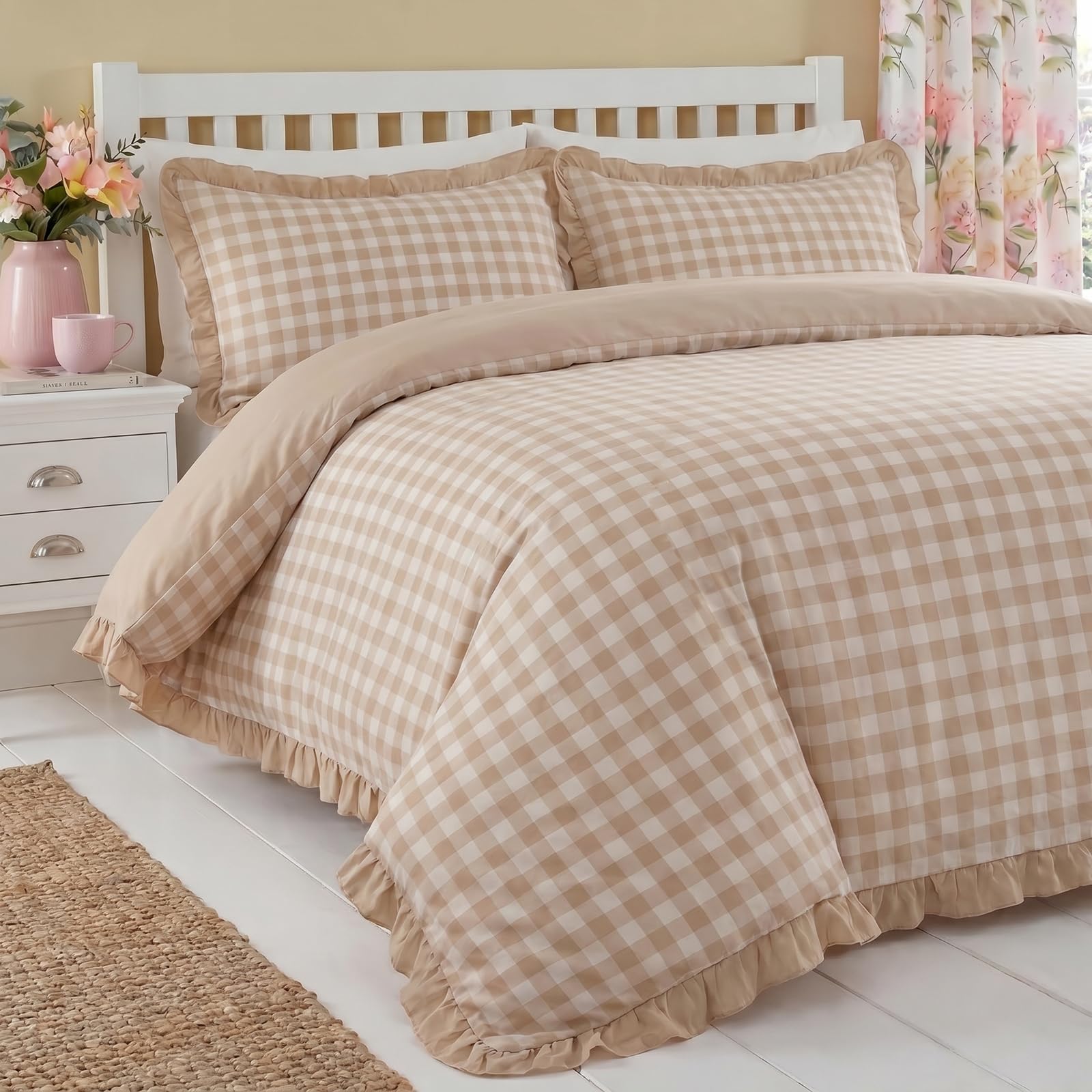 Herside Khaki Plaid Duvet Cover Set Double 3pcs Ruffled Bedding Sets Checkered Grid Printed Soft Microfibre Bedding Set Cottage Quilt Cover with Zipper Closure & Corner Ties