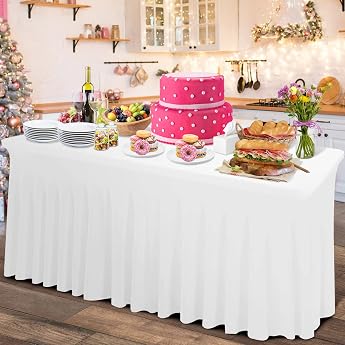 2-in-1 Spandex Table Skirt and Tablecloth 6 ft - Rectangular Pleated Shape for Banquets and Vendor Events Wrinkle-Free White 182 x 76 x 74 cm