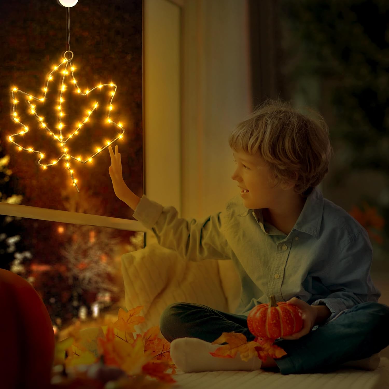 BlcTec Thanksgiving Decorations for Home 2 Pack 10Inch Maple Leaves Thanksgiving Window Lights with Suction Cups, Timer, Battery Operated Metal Frame Window Lights for Thanksgiving Decorations, Orange - Image 5