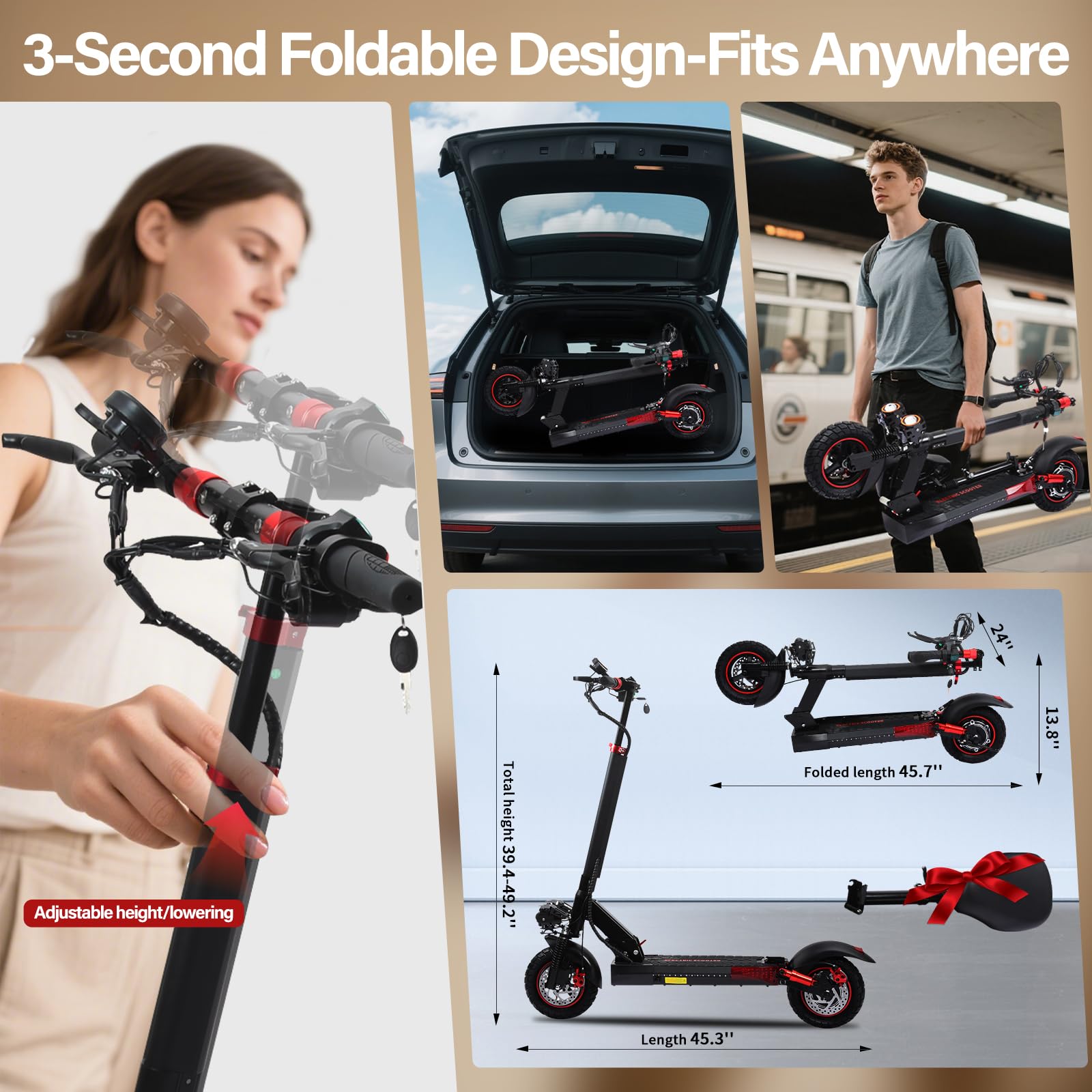 Monopattino Elettrico Adulto, Batteria 48V 15Ah, Autonomia 50-55 km, Monopattino Elettrici Pieghevole con Potente Motore 500W, Ruote Off-Road10", Doppio Ammortizzatore, IP54, Regalo Compleanno