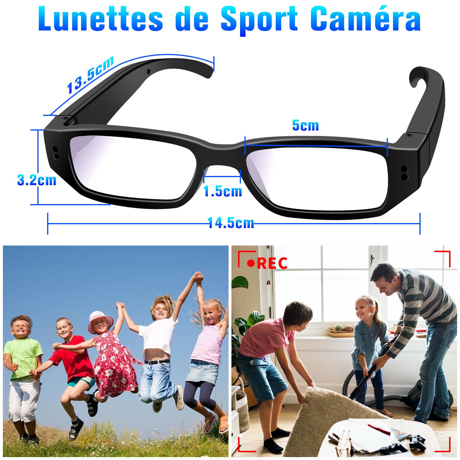 Lunettes Caméra Cachée, Mini Caméra Cachée 16 Go, Mini Caméra Espion HD 1080P, Lunettes Caméra d'action Permettant de Prendre des Photos et des Vidéos, Enregistrement jusqu'à 2 Heures