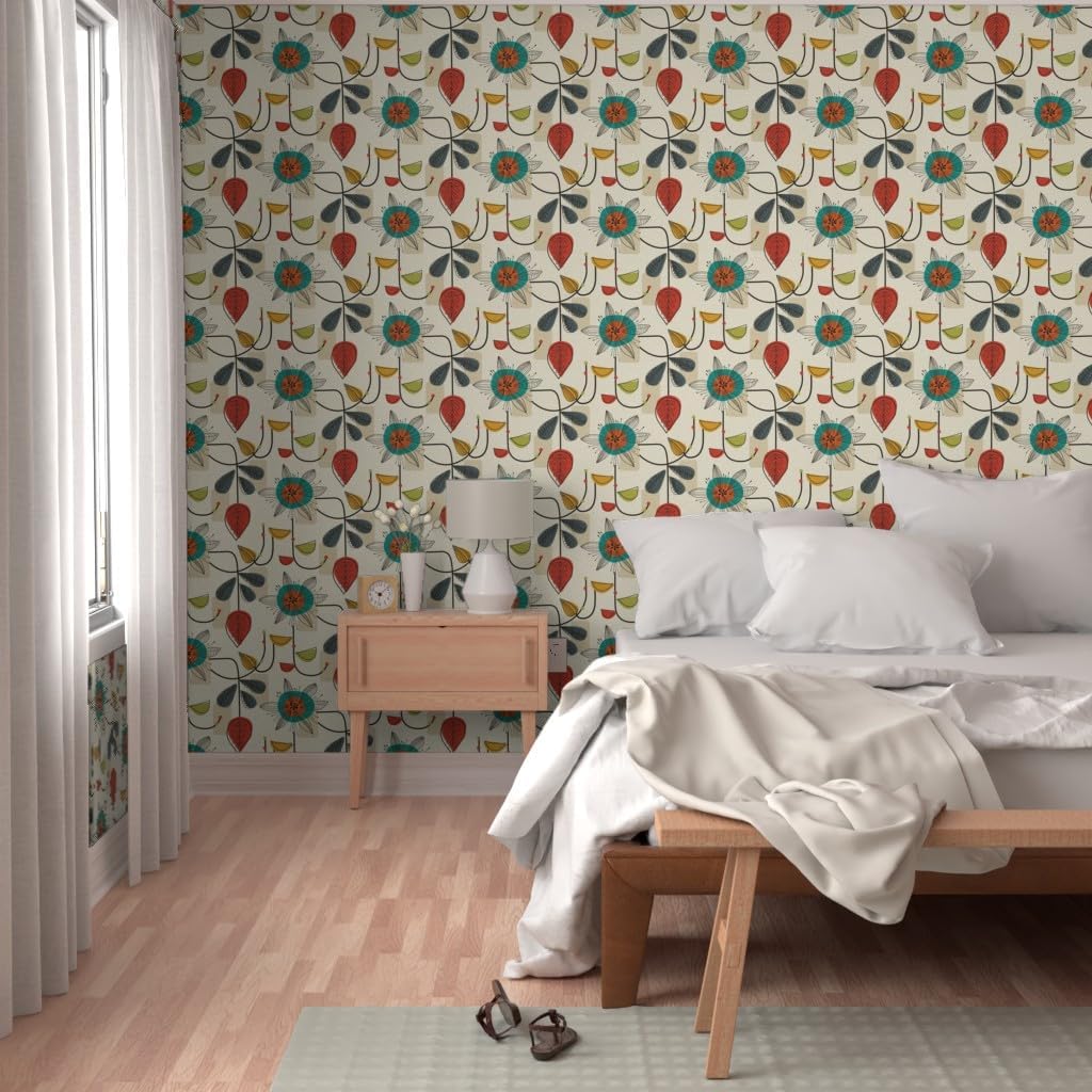 Spoonflower Peel & Stick Wallpaper 3ft x 2ft - 1950 Mid Century Modern, Retro, Vintage, Classy, Floral,Cream, Blue, Red, Block, Geometric, Custom Removable Wallpaper