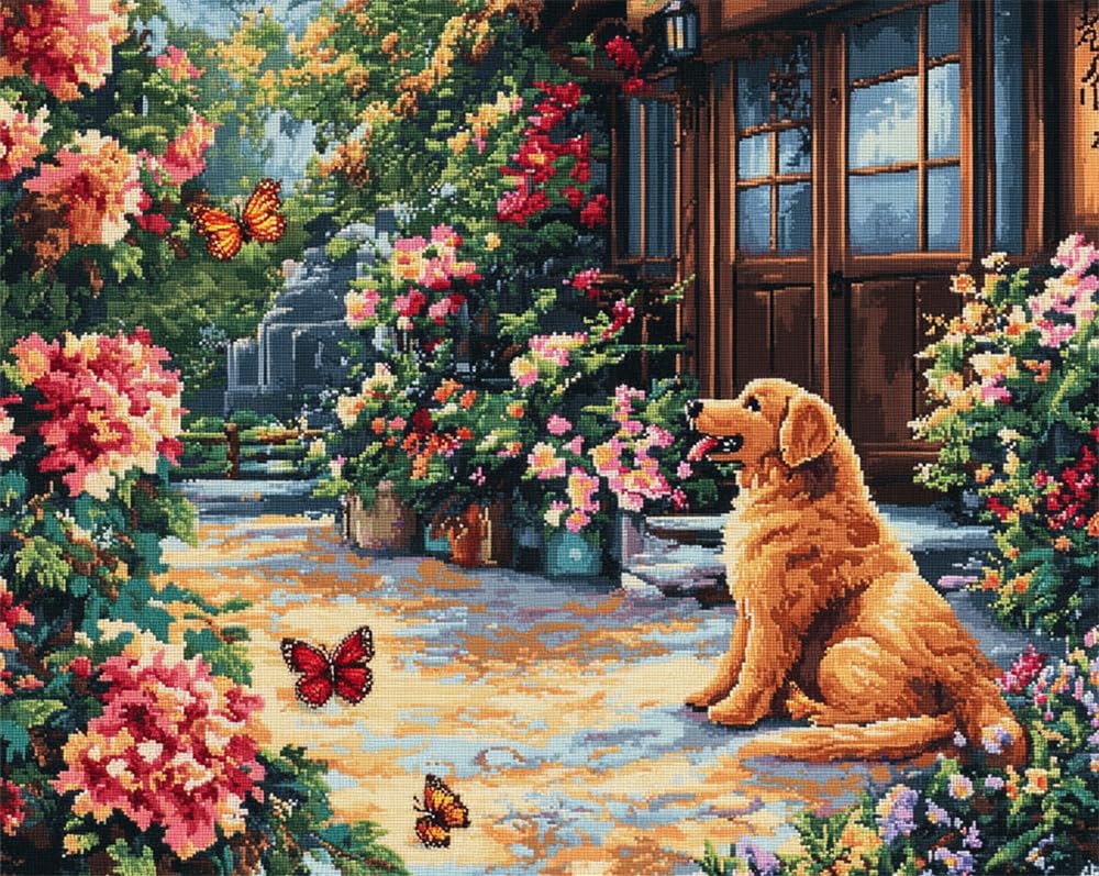 Henypt Cross Stitch Kits 11Ct Stamped Patterns A Dog and Butterflies in A Courtyard for Adults DIY Preprinted Embroidery Kit for Beginner