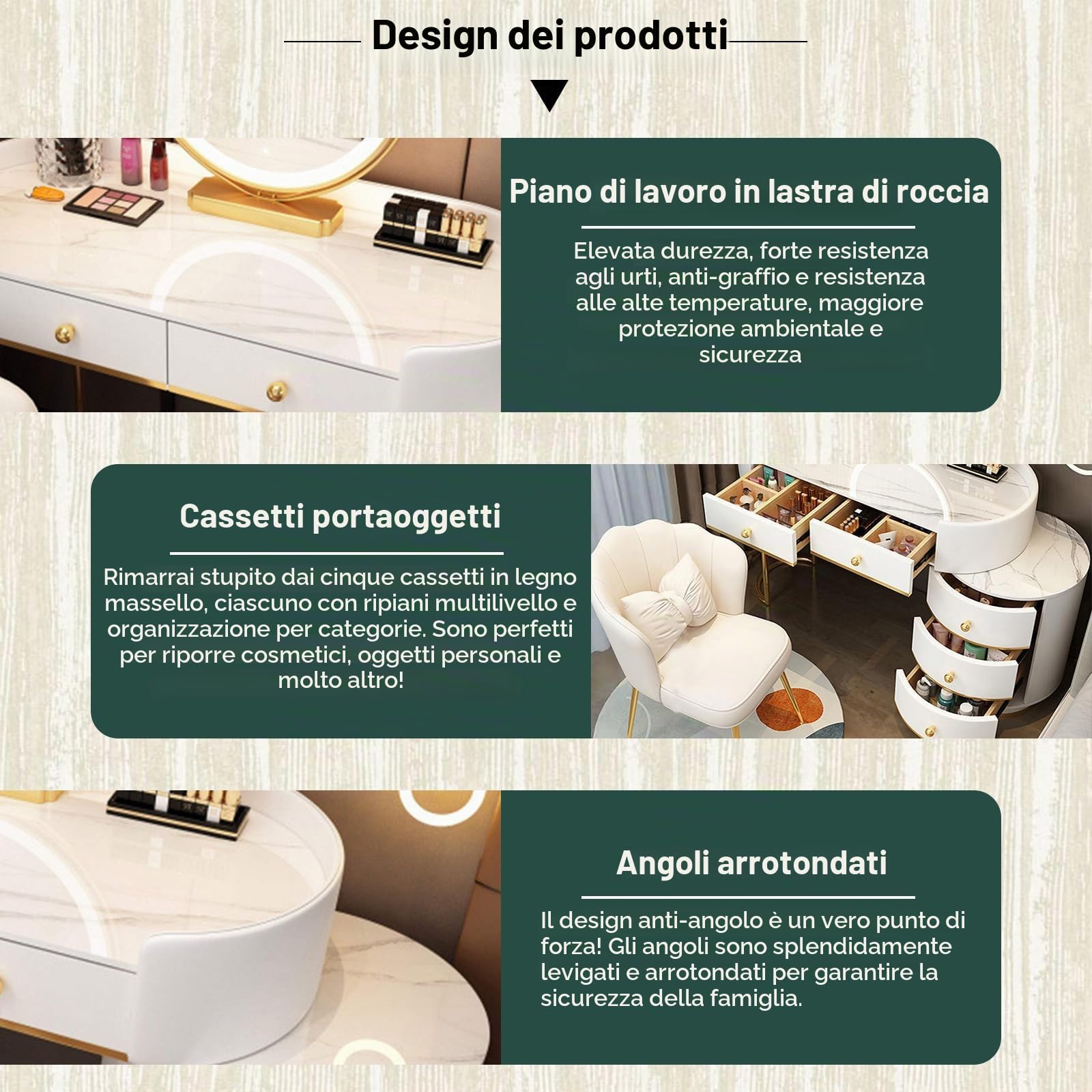 Postazione Trucco con Luci e Specchio, 3 Modalità Colore e Luminosità Regolabile, Toeletta da Trucco con 6 Cassetti in Legno, Sedia in Velluto per Donne, 80/100 * 40 * 78 CM