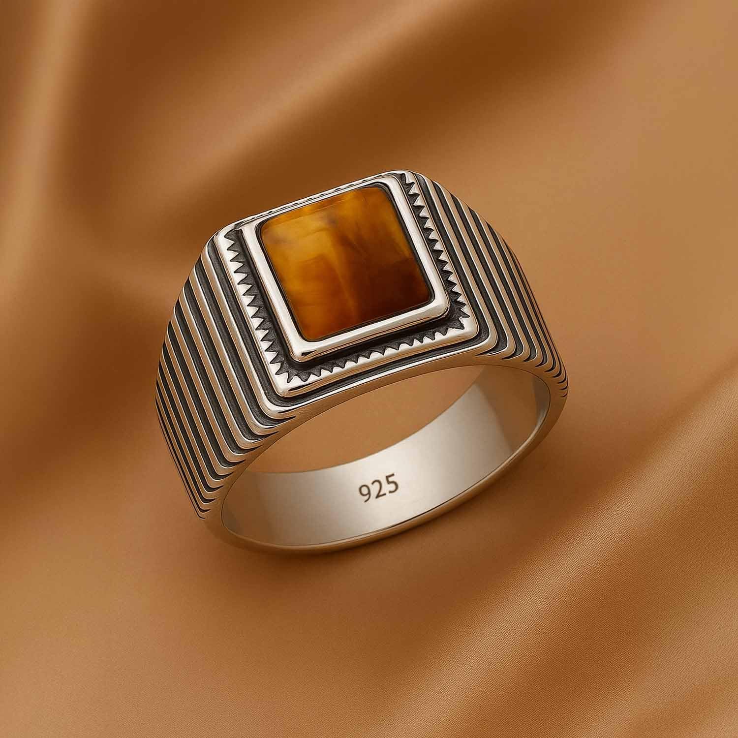 LeCalla 925 Sterling Silver Antique Men's Rings | Cushion Shape Tiger Eye & Black Onyx Gemstone Band Ring | Handmade Silver Rings for Men, Gift for Him Dad Father(Size 8-10 No.)